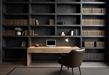 black minimalist office bookshelf The walls are-AI generated image