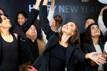 Business party and success celebration - Group of diverse business people colleagues or employees dance Applause clapping at event party. achievement