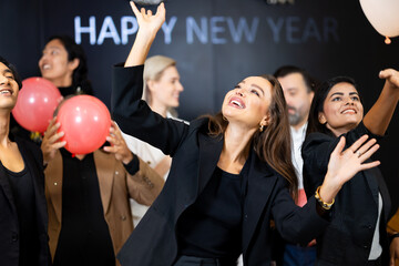 Business party and success celebration - Group of diverse business people colleagues or employees dance Applause clapping at event party. achievement