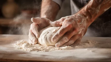 Gordijnen Close-up of hands shaping dough for artisan breads, with flour dusting the air, in a warm, inviting bakery setting.  © Thanthara