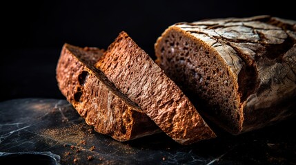 Artisan rye bread close-up, with a focus on the crust's texture and deep brown color, on a dark slate background.  - obrazy, fototapety, plakaty