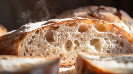 Artisan ciabatta bread close-up, with a focus on the airy holes and chewy texture, on a light background with shadows.  - obrazy, fototapety, plakaty