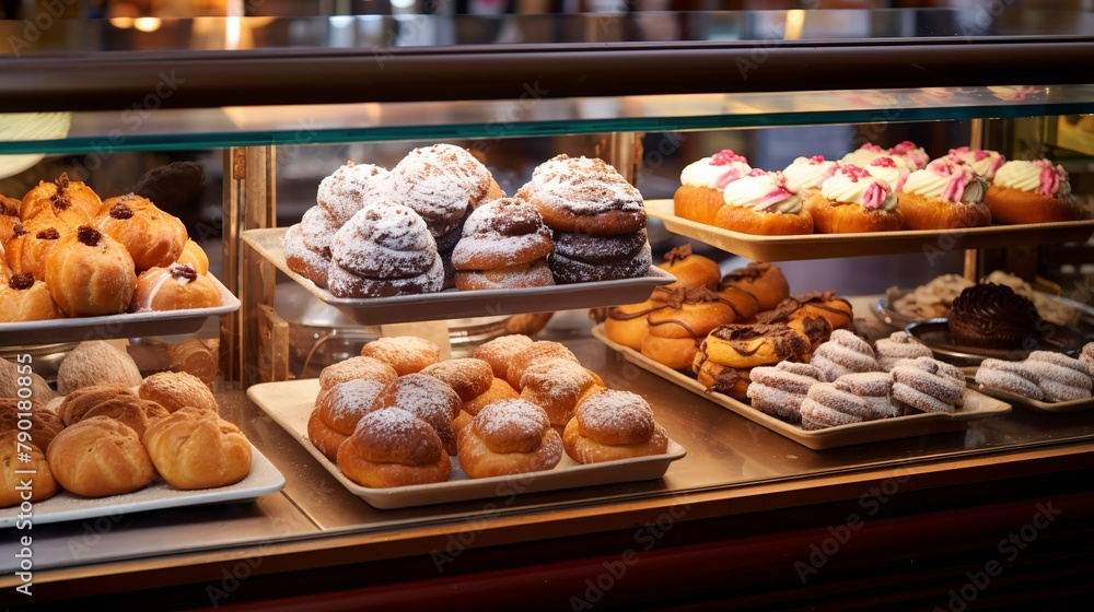 Poster Bakery Showcase and Display: Arrangements of baked goods enticing customers.