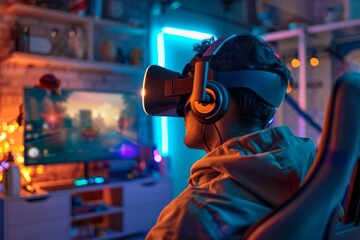Gamer Engages in Virtual Reality Experience in a Colorful Room at Night
