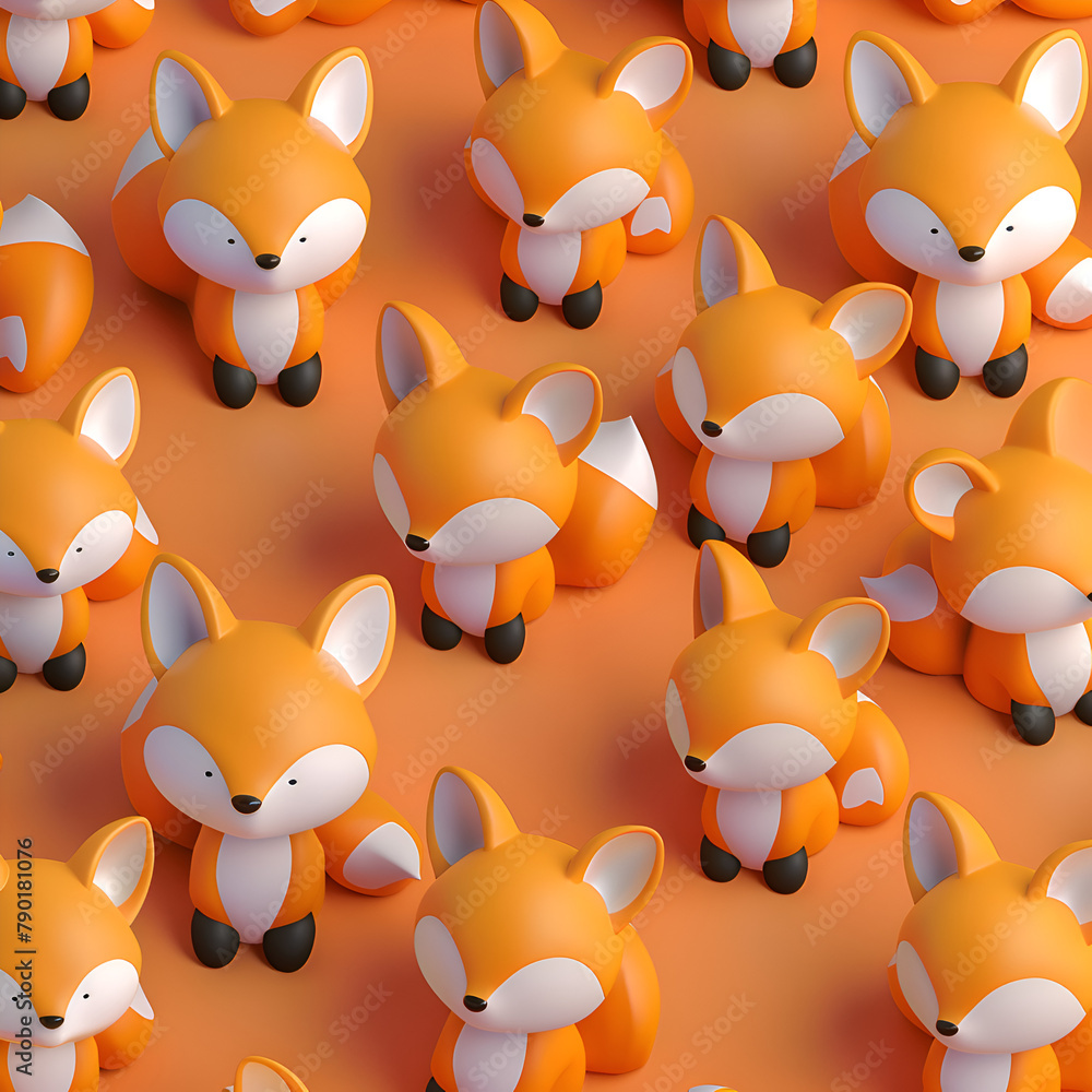 Aufkleber a group of orange foxes are sitting on a yellow background. the foxes are all different sizes and ar