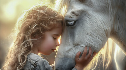 A girl embraces a majestic horse with genuine affection. The pure bond between a human and a horse during the tranquil morning hours. Generative AI. - obrazy, fototapety, plakaty