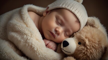 Beautiful baby sleeping with his teddy bear aside, family concept.generative.ai