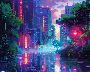Craft a pixel art masterpiece depicting a surreal futuristic world where the boundaries of reality are fluid, featuring neon lights and abstract shapes merging seamlessly - obrazy, fototapety, plakaty