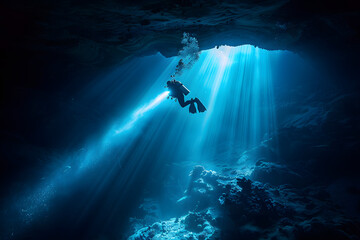 A scuba diver's torchlight illuminating a hidden underwater cave, isolated on a deep exploration blue background for World Ocean Day