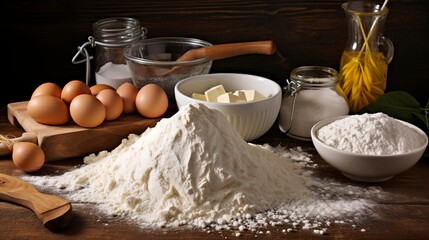 Fototapeta premium Bakery Ingredients: Flour, eggs, butter, and other essentials of baking. 
