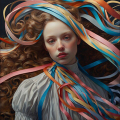 portrait of a lady person with dreamlike scenes covered with twist and twirl satin ribbons