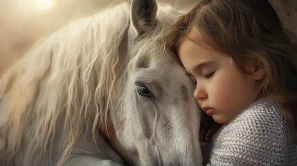 A girl embraces a majestic horse with genuine affection. The pure bond between a human and a horse during the tranquil morning hours. Generative AI.