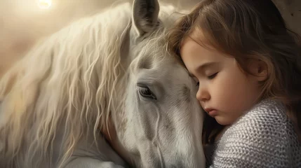 Deurstickers A girl embraces a majestic horse with genuine affection. The pure bond between a human and a horse during the tranquil morning hours. Generative AI. © Nanthiwan