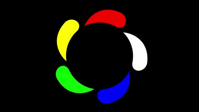Five rotating colored objects depicting five different elements isolated on a black background.  Animation of looping rotating objects.  Animation of looping rotating objects.
