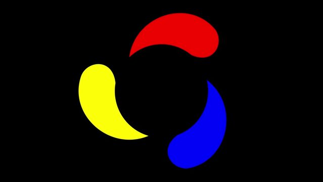 Three rotating colored objects depict three different elements isolated on a black background