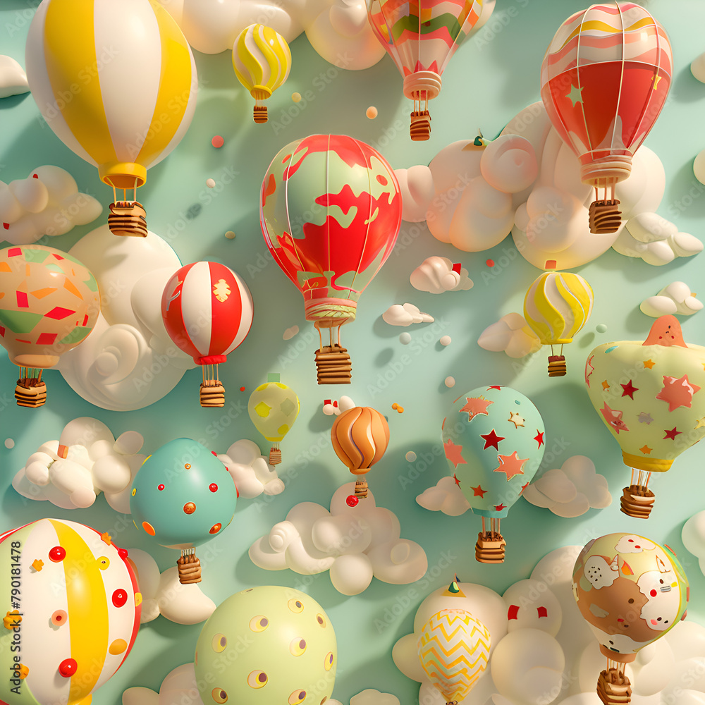 Poster a colorful collection of balloons in the sky, with some of them having hearts on them. generative ai