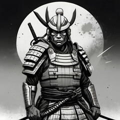 Full moon black and white samurai warrior full equipped armor