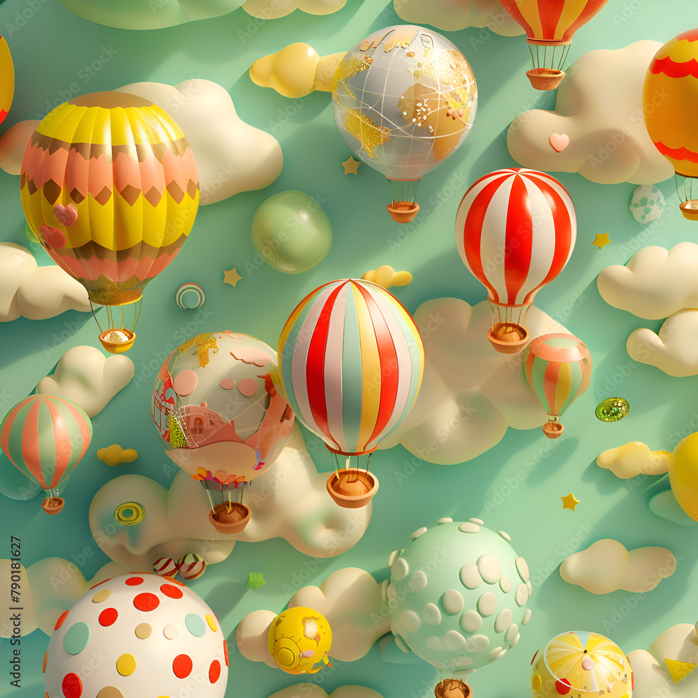 Poster a colorful collection of balloons in the sky, with some of them having hearts on them. generative ai