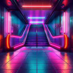 neon stairs subway - obrazy, fototapety, plakaty