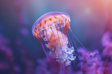 An underwater camera capturing the elusive beauty of a jellyfish, isolated on a marine mystery purple background for World Ocean Day - obrazy, fototapety, plakaty