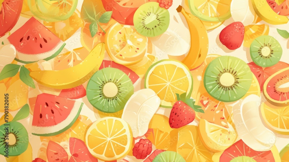 Aufkleber the background features a delightful pattern of papayas and kiwis intermingled amidst a backdrop of 