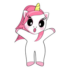 Cute surprised cartoon unicorn stands with his arms raised. Sticker.