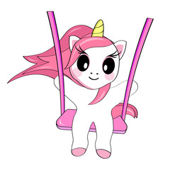 A cute smiling cartoon unicorn swings on a swing. Sticker.