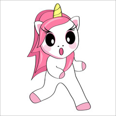 Cute surprised cartoon unicorn runs on a white background. Sticker, postcard.