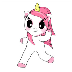 Cute smiling cartoon unicorn running and waving. Sticker, postcard.
