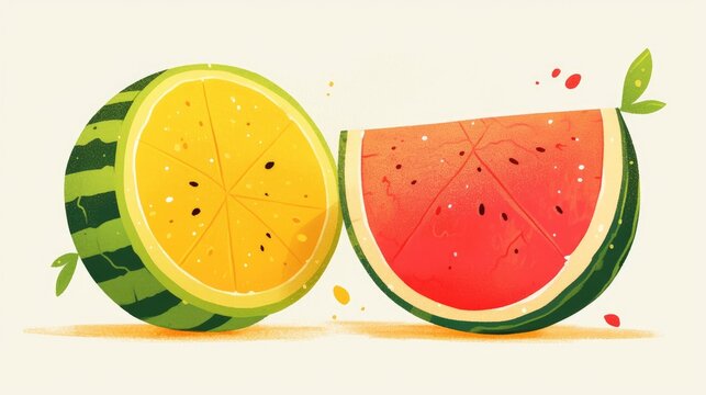 Two juicy watermelons one round and the other yellow sliced neatly down the middle
