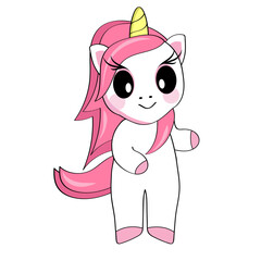 Cute smiling cartoon unicorn standing on a white background. Sticker, postcard.