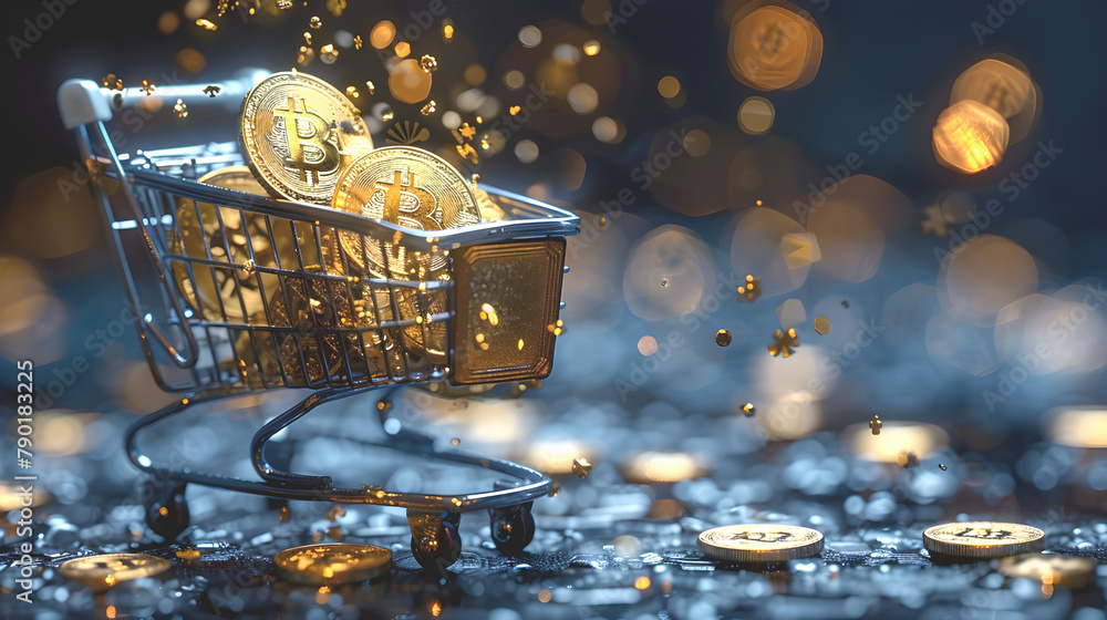 Poster shopping cart filled with flying gold bitcoins. digital currency that uses blockchain technology to 