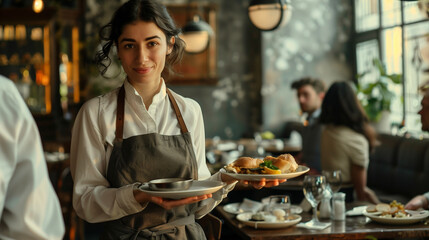 Young smiling waitress in uniform holding a plate with food at a restaurant