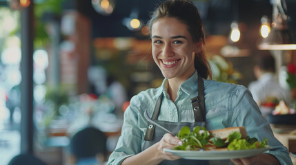 Young smiling waitress in uniform holding a plate with food at a restaurant