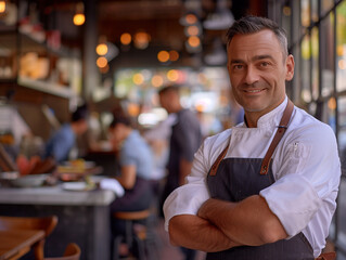 Portrait of a smiling young man wearing an apron standing