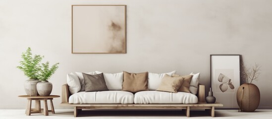 A white couch with cushions next to a plant in a living room