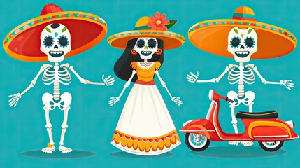 A funny picture in which cheerful skeletons in Mexican sombreros stand next to a scooter. Ghost Adventure on the Day of the Dead
