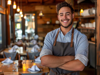Portrait of a smiling young man wearing an apron standing