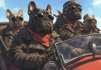 A group of French bulldogs wearing leather jackets and biker hats, sitting on vintage motorcycle sidecars with their human companions. 