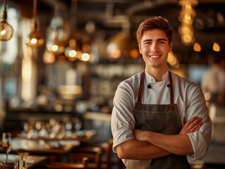 Portrait of a smiling young man wearing an apron standing