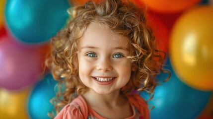 A smiling, curly-haired little girl stands in front of a bunch of colorful balloons, her vibrant energy complementing the cheerful scene.