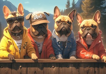 A group of French bulldogs wearing leather jackets and biker hats, sitting on vintage motorcycle sidecars with their human companions. 