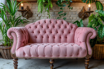 pink sofa in the room with plants around