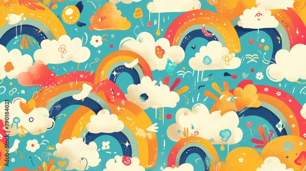 Poster this charming design features a pattern adorned with fluffy clouds and a vibrant rainbow creating a 