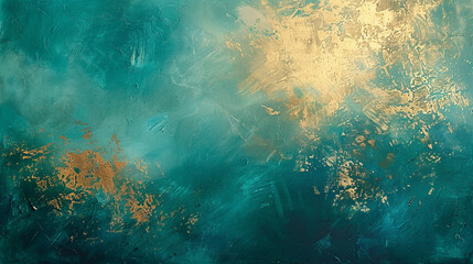 Upon a backdrop of tranquil teal, a shimmering veil of golden mist drifts, its radiant glow illuminating the canvas with the promise of a new dawn, filled with hope and possibility.