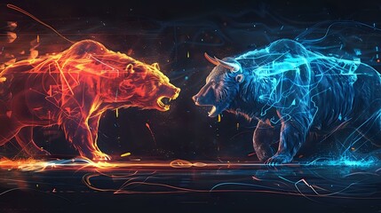 Mystical Clash: Bear and Bull Confrontation in Otherworldly Scene