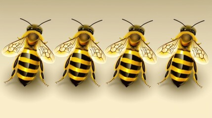 a set of four bees grouped together, sitting next to each other and taking a break from their busy activities in the hive.