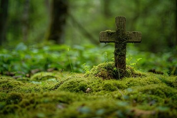 Wooden cross on moss. Natural burial grave in the woods. Tree burial