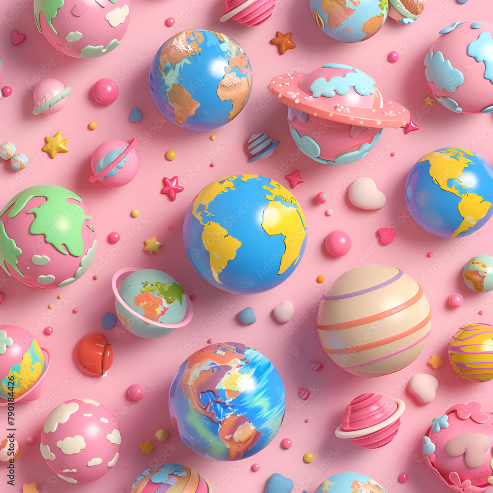Poster a colorful array of planets and stars are scattered across a pink background. the planets are of var