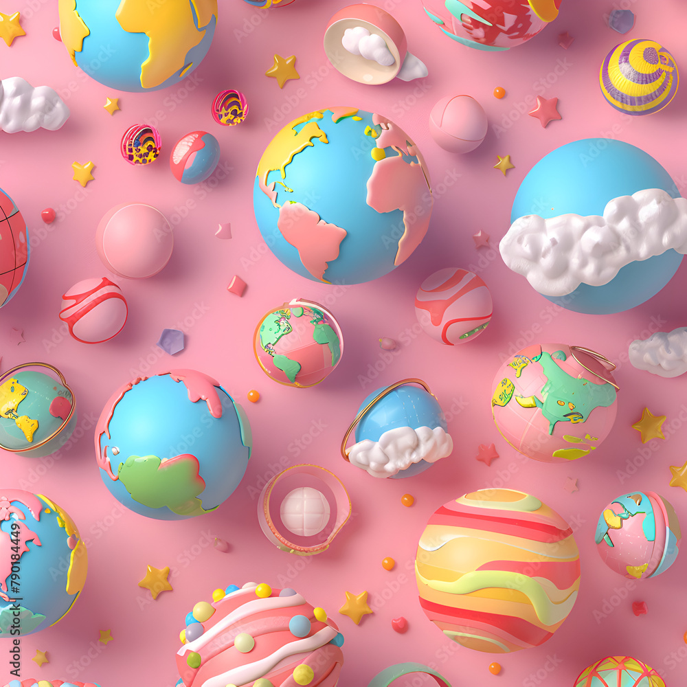 Poster a colorful array of planets and stars are scattered across a pink background. the planets are of var